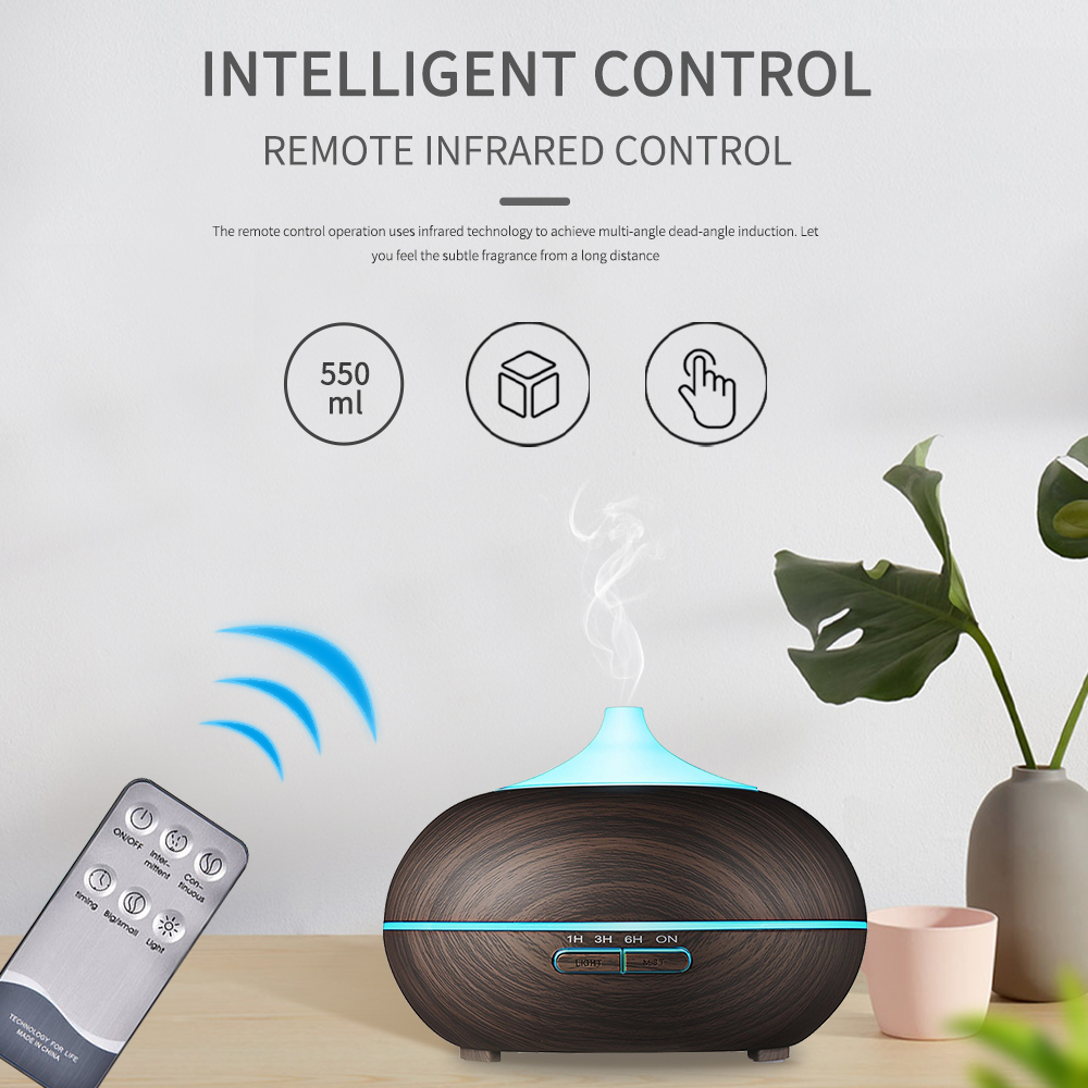 2021 newest 550ml Mini Air Humidifier Aroma Diffuser Remote Control Essential Oil Wood Aromatic 7 Led for home